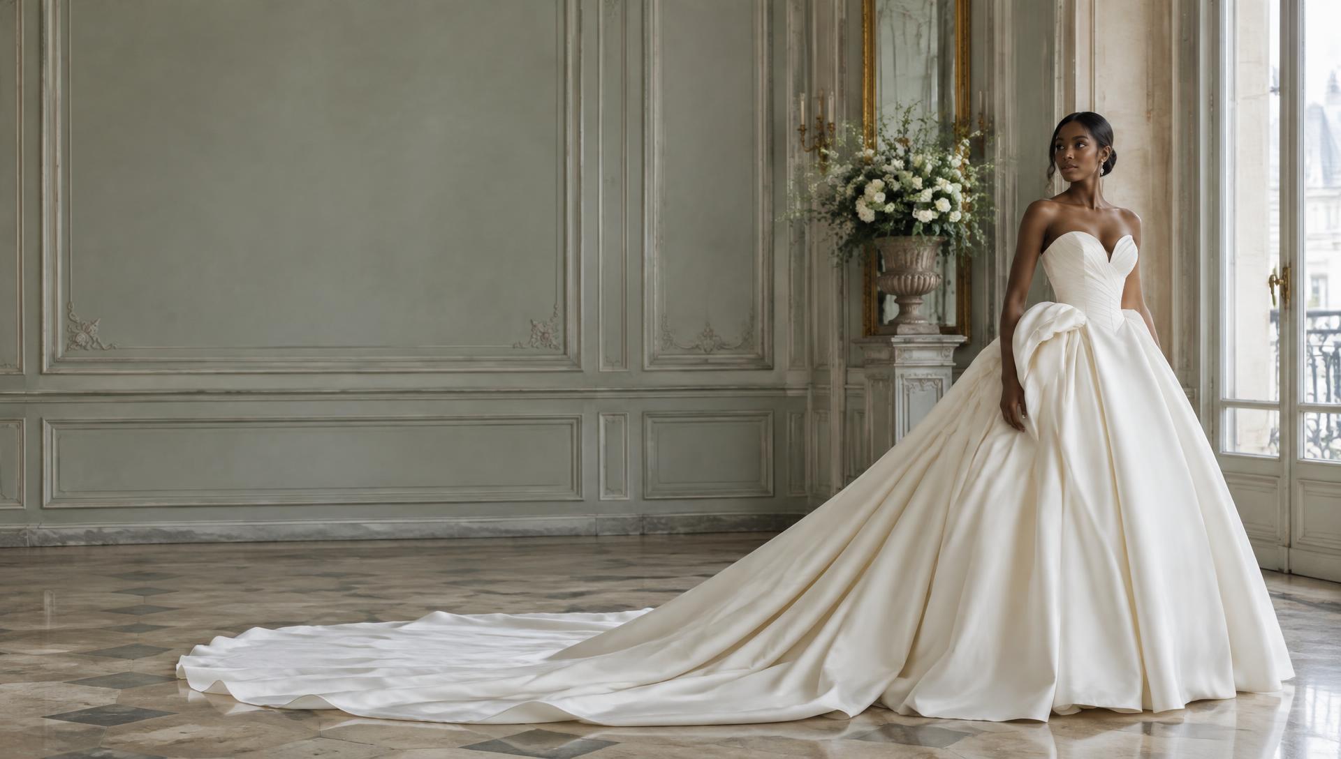 A bride in a couture gown in a classical salon