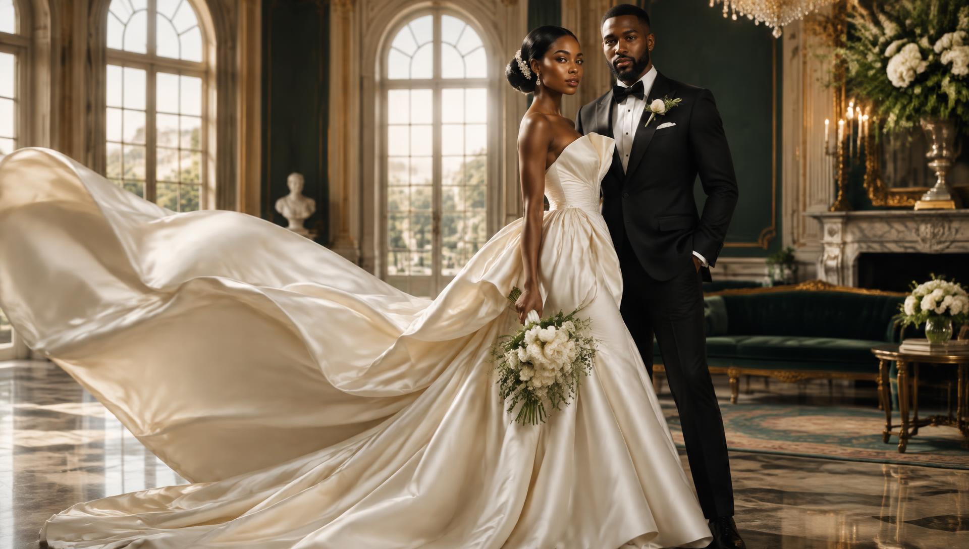 Bride in an ivory couture gown with a flowing train beside the groom in a black tuxedo in a grand salon