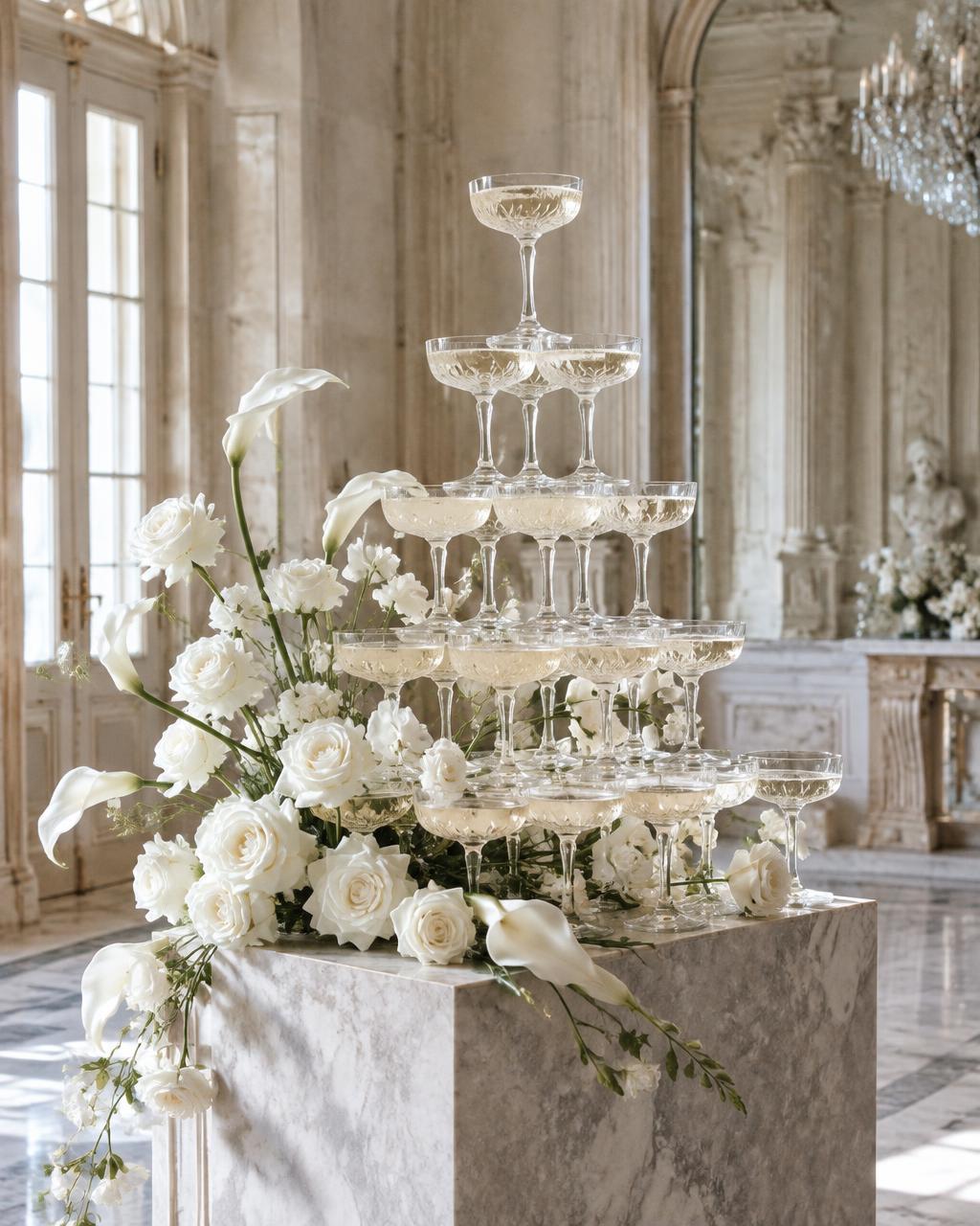 Champagne coupes and white florals in an elegant salon
