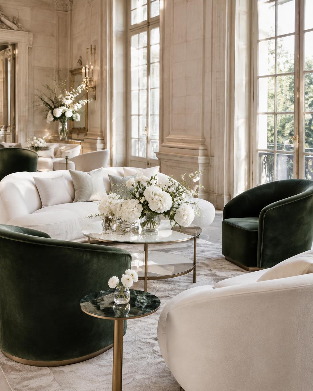 Ivory and green velvet seating in a sunlit bridal lounge